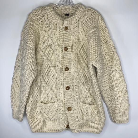 Ecuador Handknit Thick Wool Cream Button Front Chunky Sweater Cardigan S/M - Picture 1 of 6